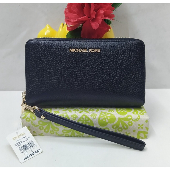 Michael Kors Jet Set Travel Black Pebbled Leather Zip Around Wallet - NWT $258 - Picture 1 of 16